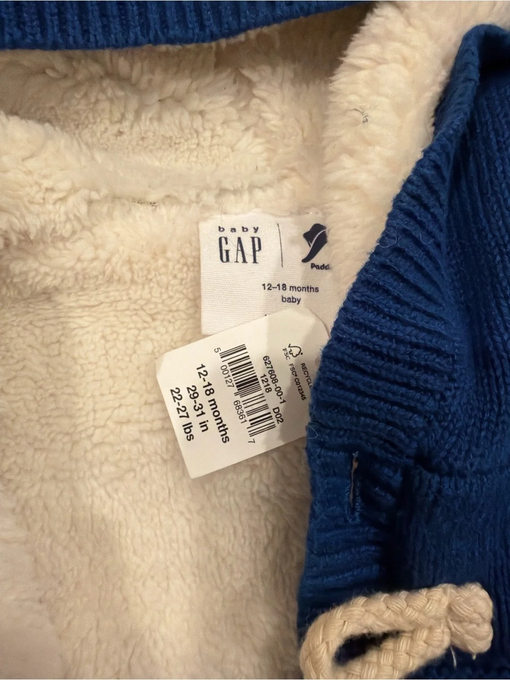 GAP Blue Hooded Toggle Knit Sweater with Cream Sherpa